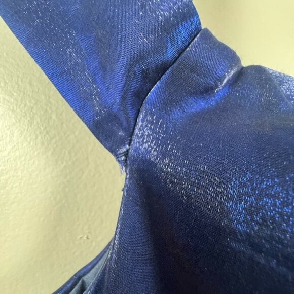 Elegant Navy Blue Gown Size 4 Shimmer Off‑Shoulder A‑Line High Slit Lace‑Back - Picture 6 of 16